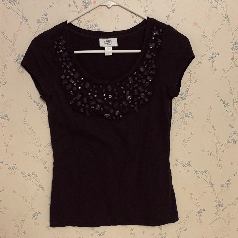 LOFT Dark Purple Short Sleeve Embellished Tee